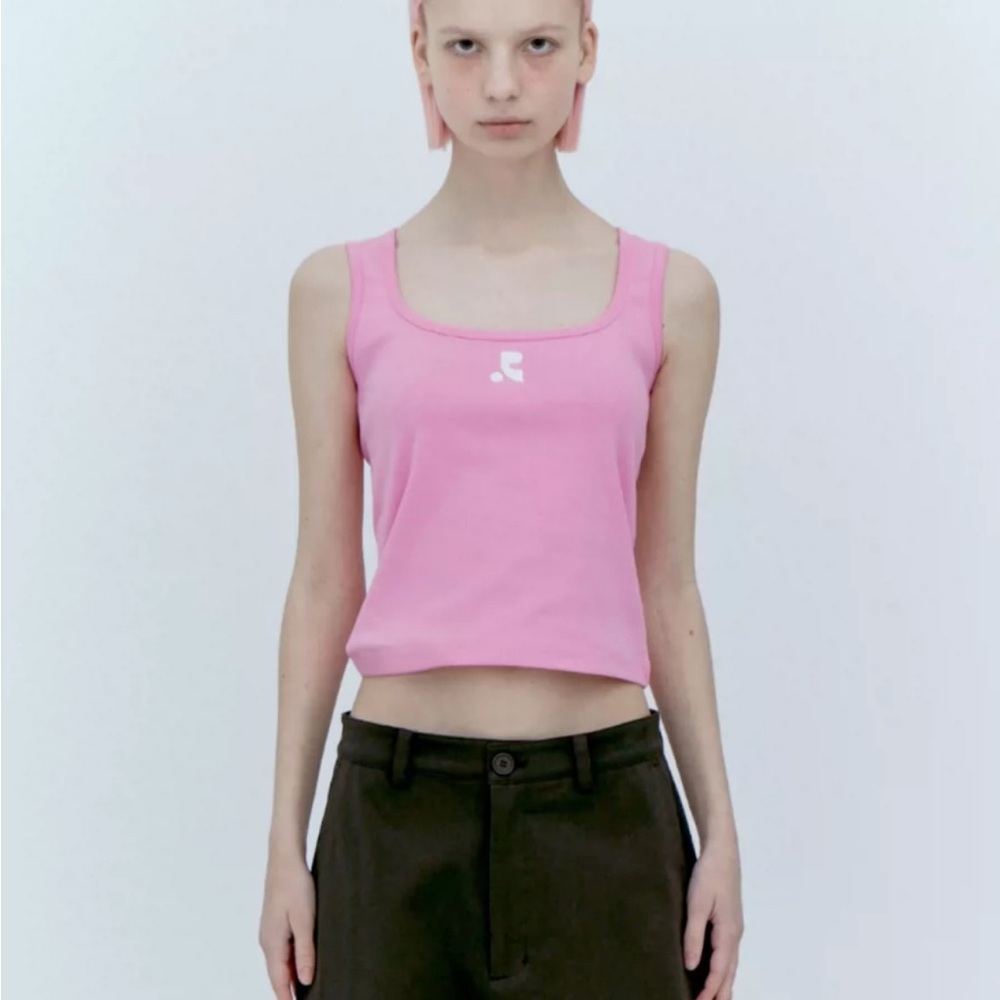 Korean Design Style Pink Sleeveless Square-neck Ribbed Tank Top